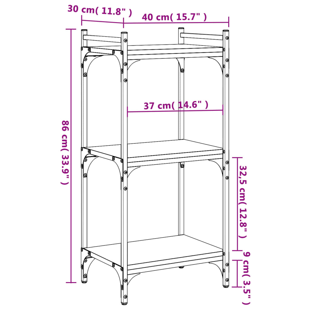 vidaXL Bookcase 3-Tier Brown Oak 15.7"x11.8"x33.9" Engineered Wood