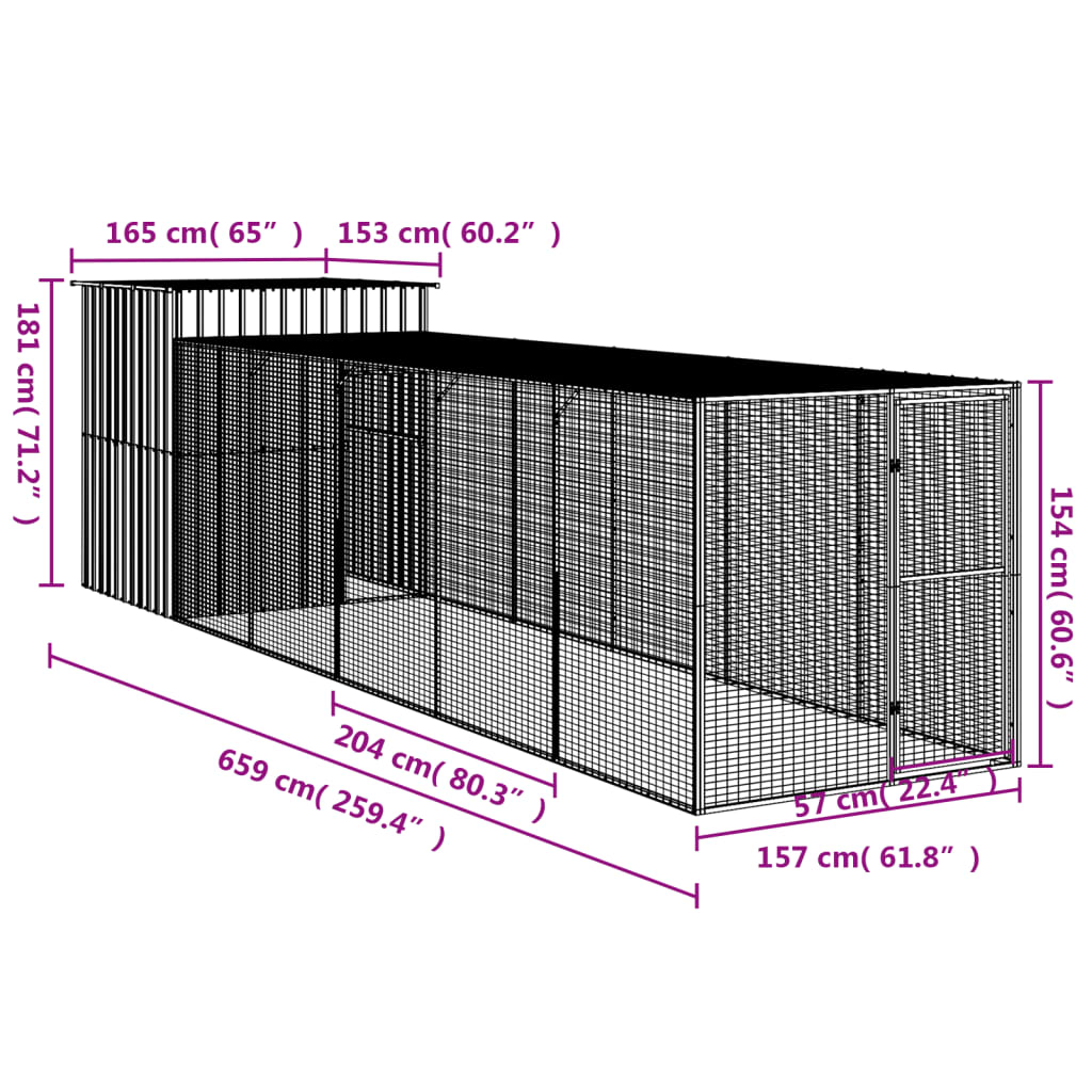 vidaXL Chicken Cage with Run Light Gray 65"x259.4"x71.3" Galvanized Steel