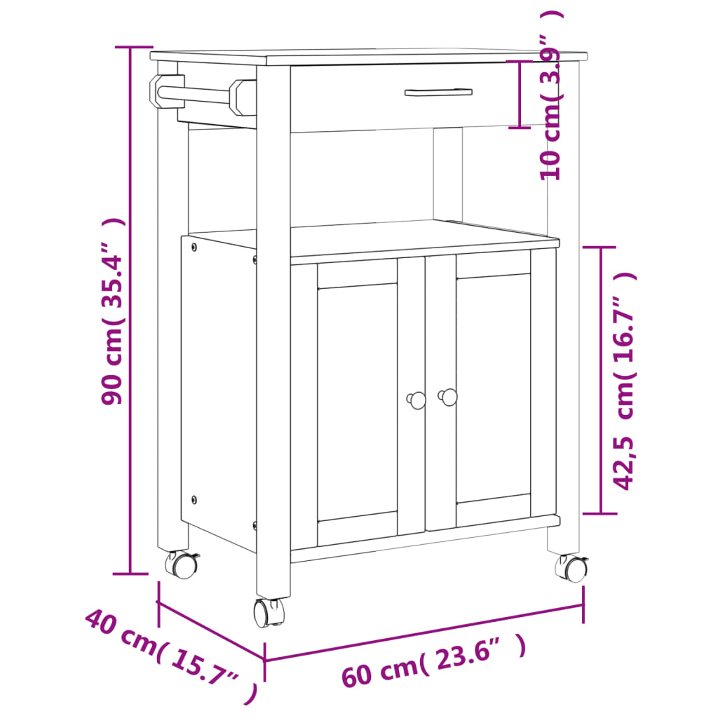 vidaXL Kitchen Trolley MONZA 23.6"x15.7"x35.4" Solid Wood Pine