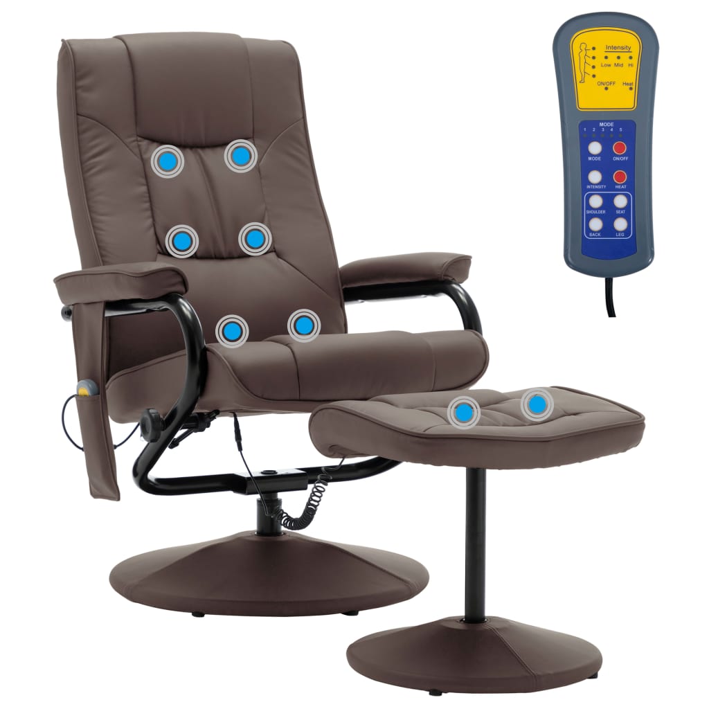 vidaXL Massage Recliner with Ottoman Brown Faux Leather