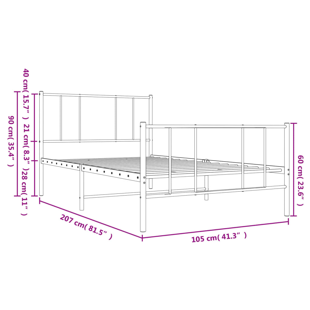 vidaXL Metal Bed Frame without Mattress with Footboard White 39.4"x78.7"