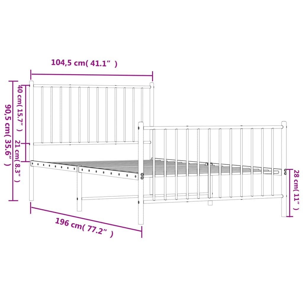 vidaXL Metal Bed Frame with Headboard and Footboard White 39.4"x74.8" Twin