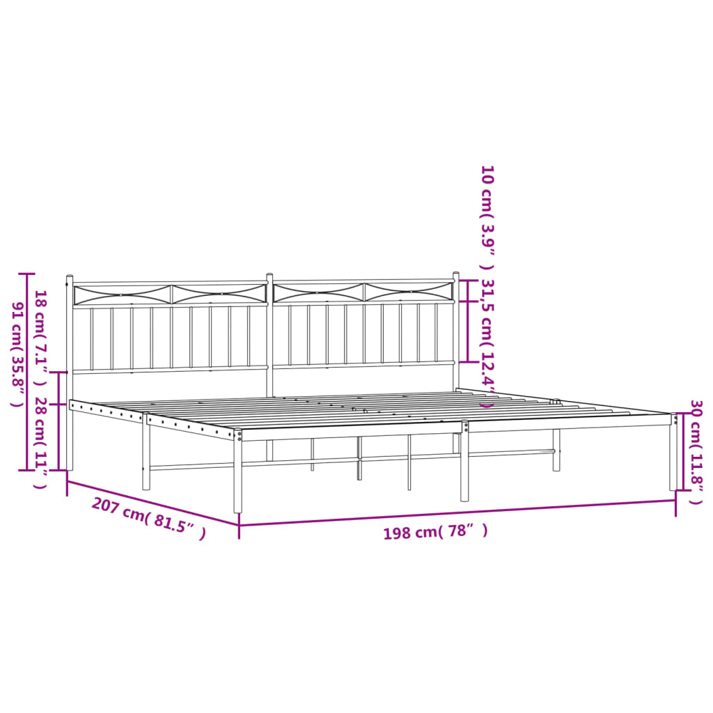 vidaXL Metal Bed Frame without Mattress with Headboard White 76"x79.9"