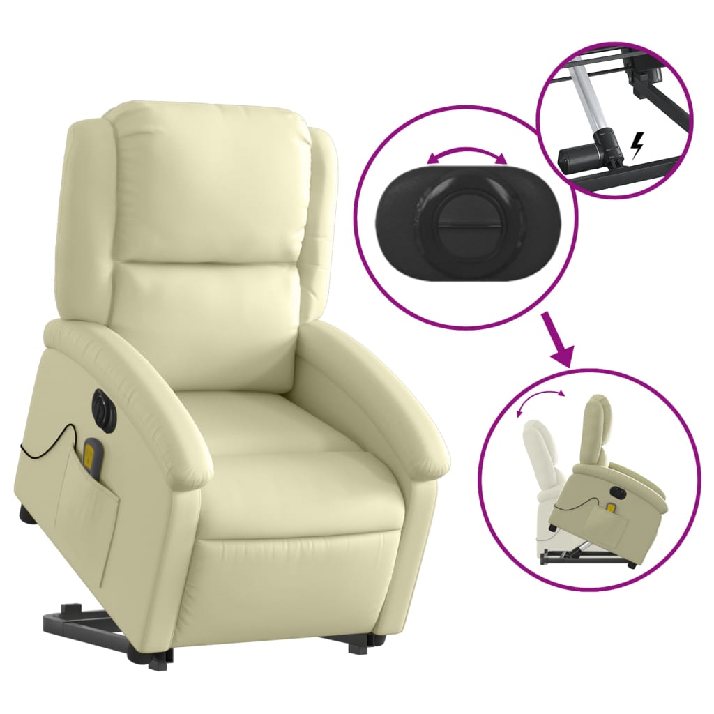 vidaXL Electric Stand up Massage Recliner Chair Cream Real Leather