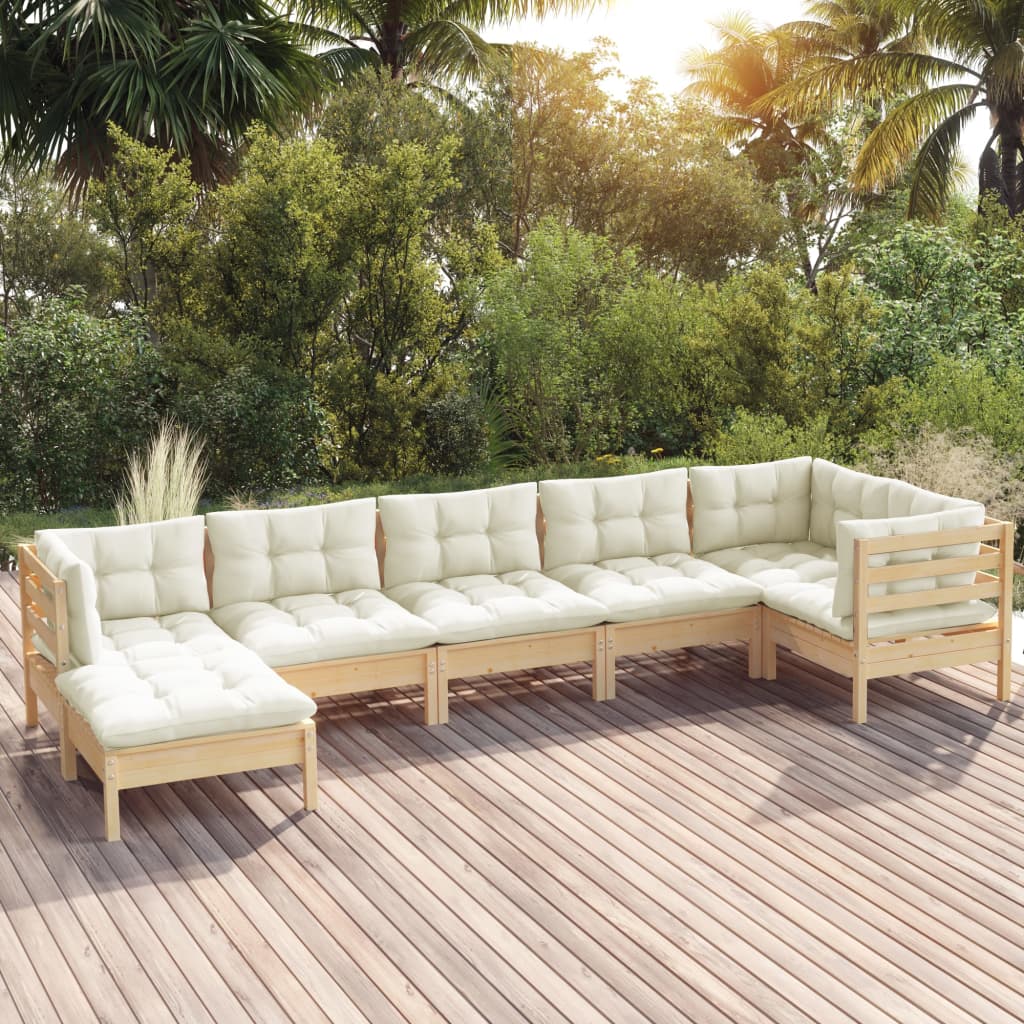 vidaXL 7 Piece Patio Lounge Set with Cream Cushions Solid Pinewood