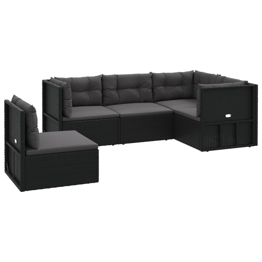 vidaXL 5 Piece Patio Lounge Set with Cushions Black Poly Rattan