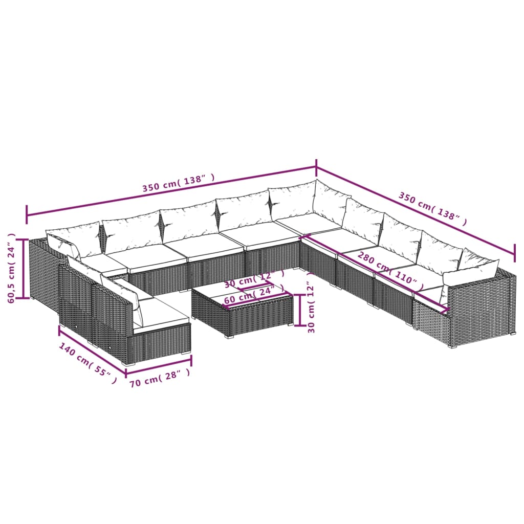 vidaXL 12 Piece Patio Lounge Set with Cushions Brown Poly Rattan