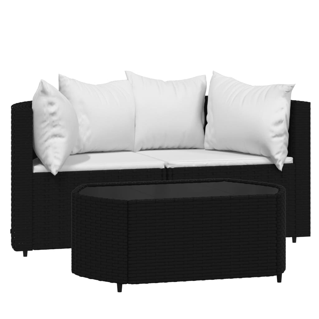 vidaXL 3 Piece Patio Lounge Set with Cushions Black Poly Rattan