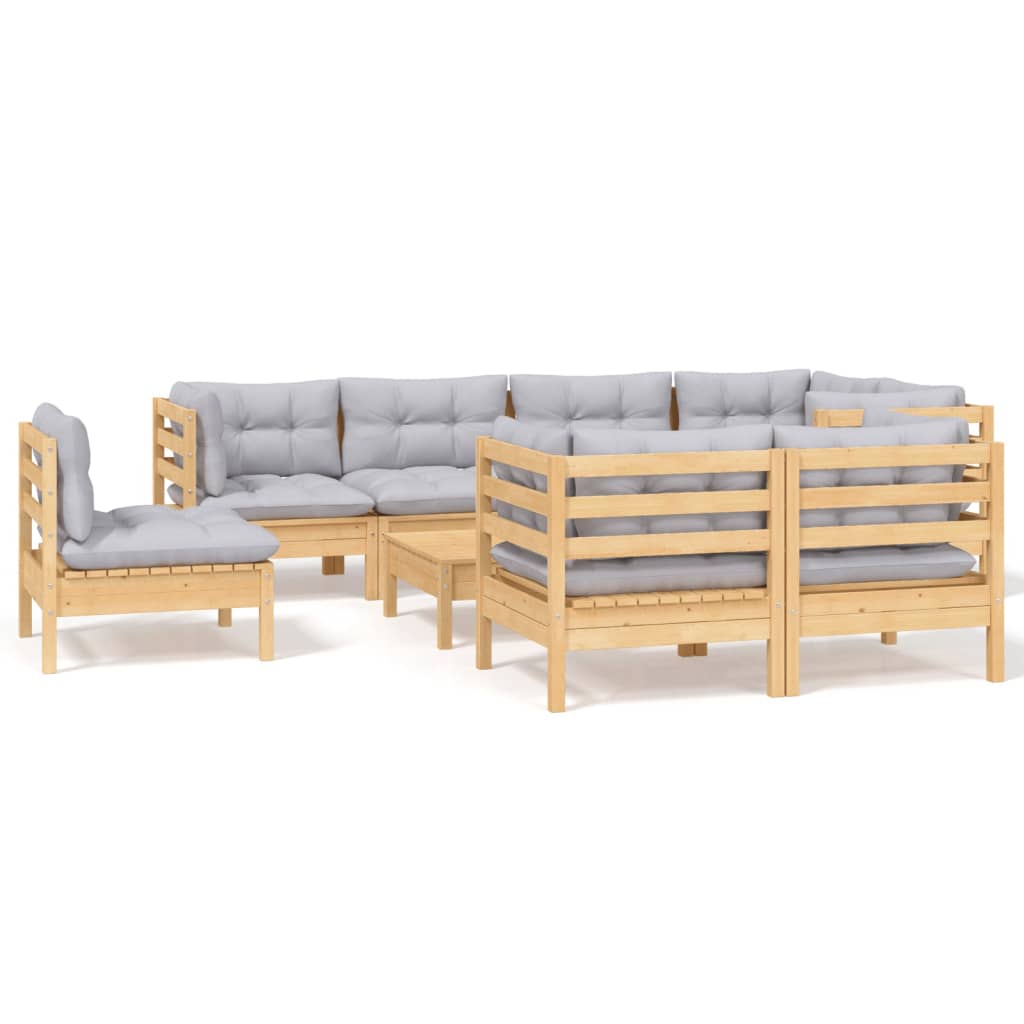 vidaXL 9 Piece Patio Lounge Set with Gray Cushions Solid Pinewood