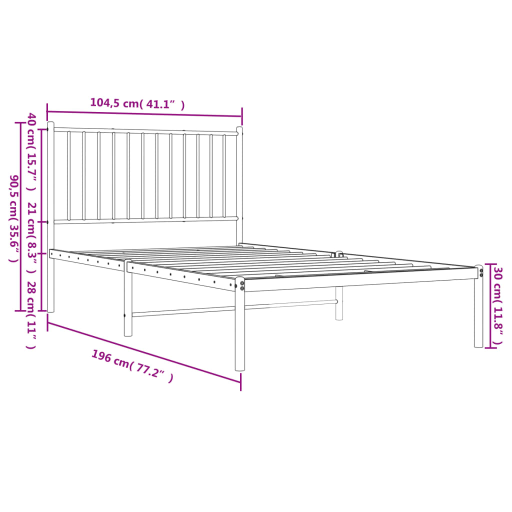 vidaXL Metal Bed Frame without Mattress with Headboard White 39.4"x74.8"