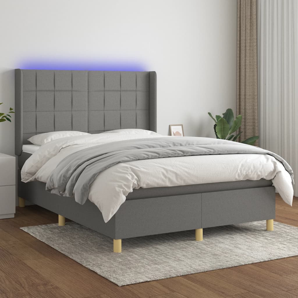 vidaXL Box Spring Bed with Mattress&LED Dark Gray Full Fabric