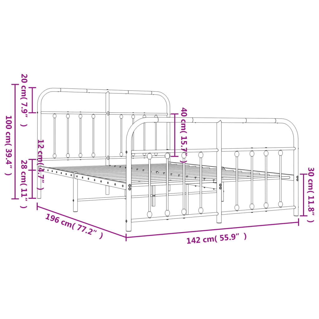 vidaXL Metal Bed Frame without Mattress with Footboard White 53.1"x74.8"