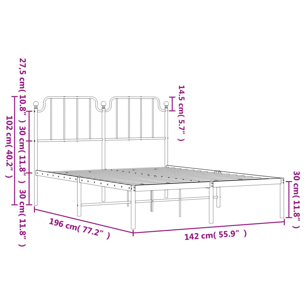 vidaXL Metal Bed Frame without Mattress with Headboard White 53.1"x74.8"