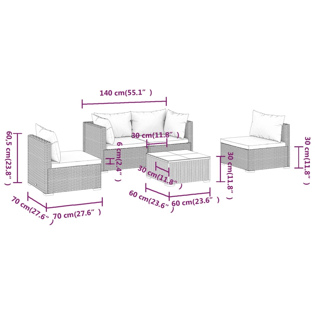 vidaXL 5 Piece Patio Lounge Set with Cushions Poly Rattan Gray