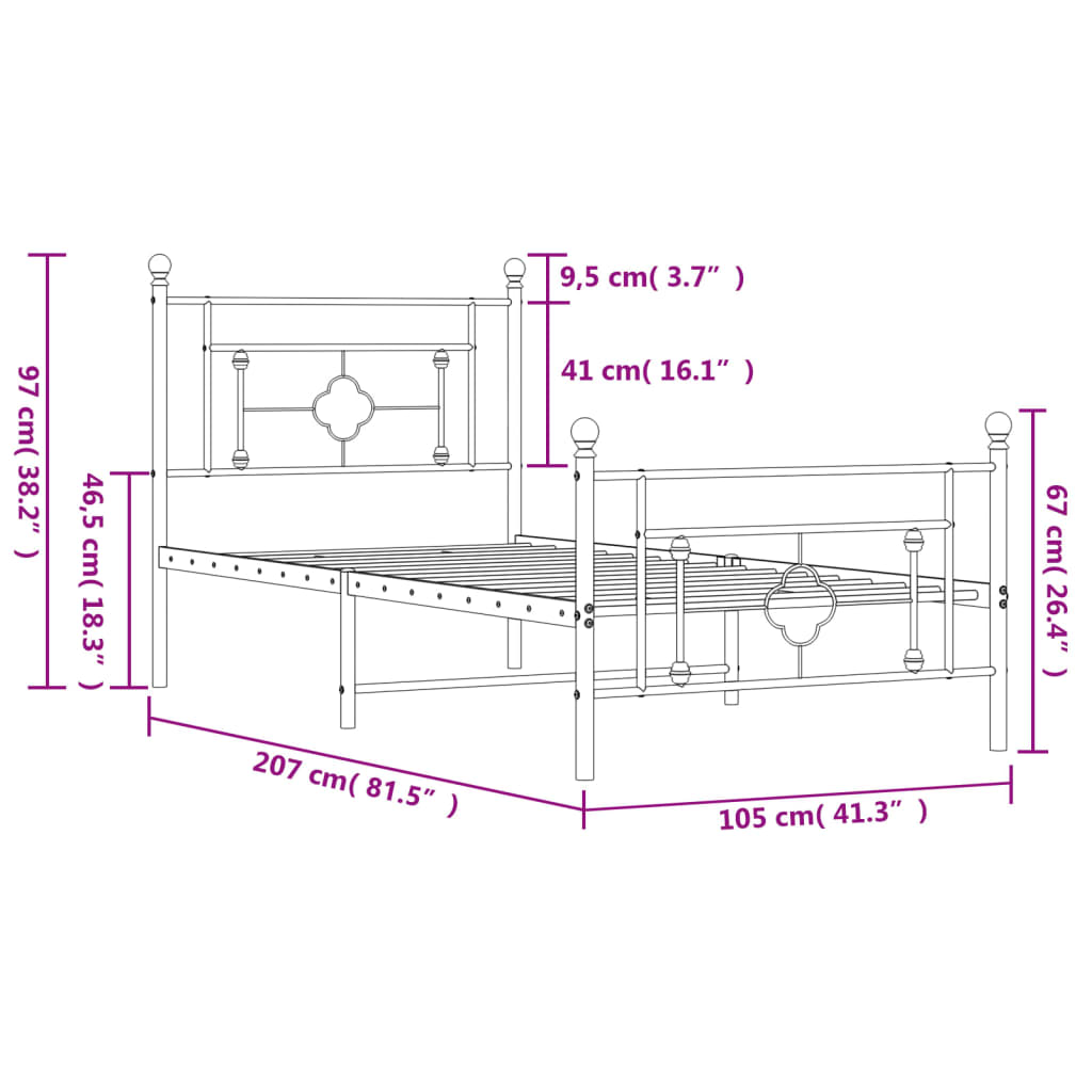 vidaXL Metal Bed Frame without Mattress with Footboard Black 39.4"x78.7"