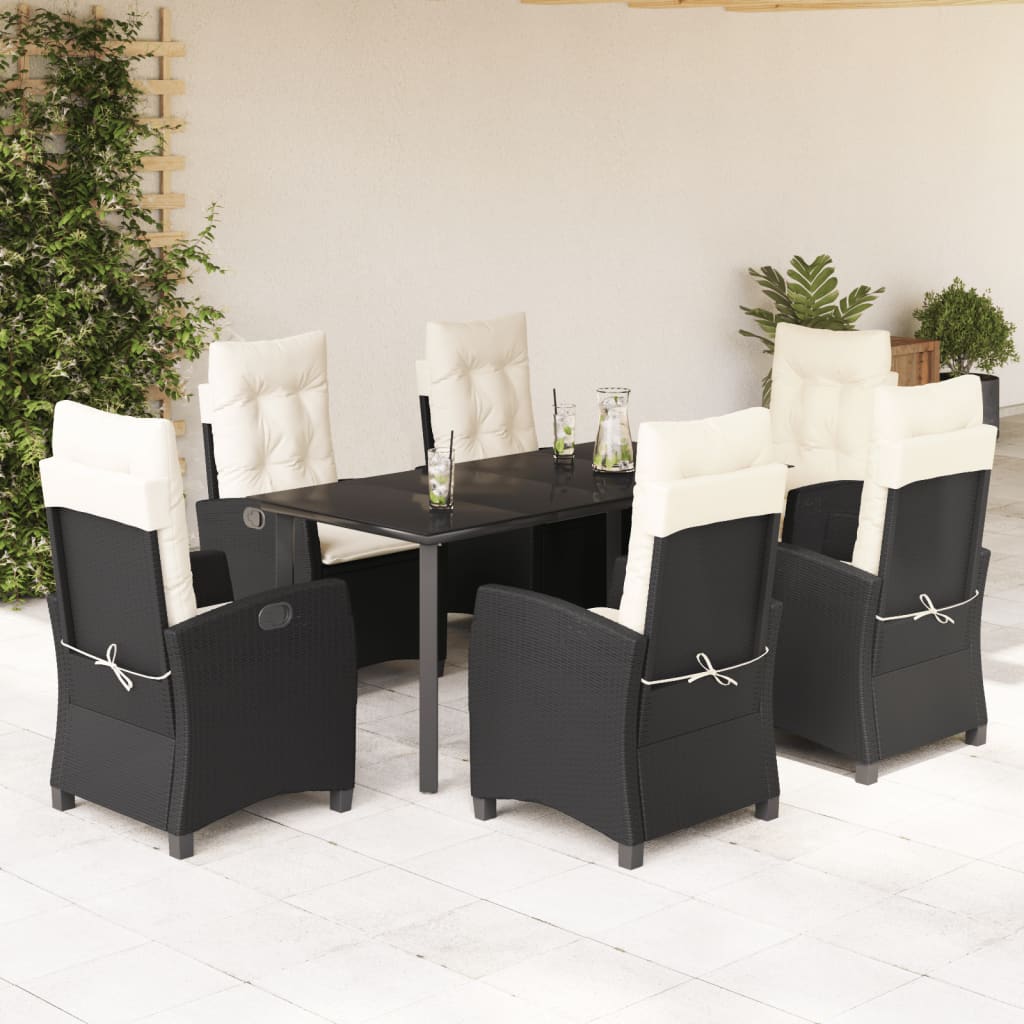 vidaXL 7 Piece Patio Dining Set with Cushions Black Poly Rattan