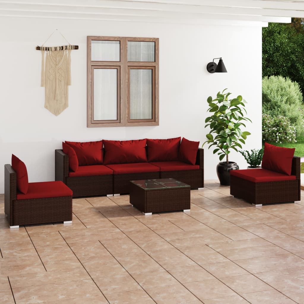 vidaXL 6 Piece Patio Lounge Set with Cushions Poly Rattan Brown