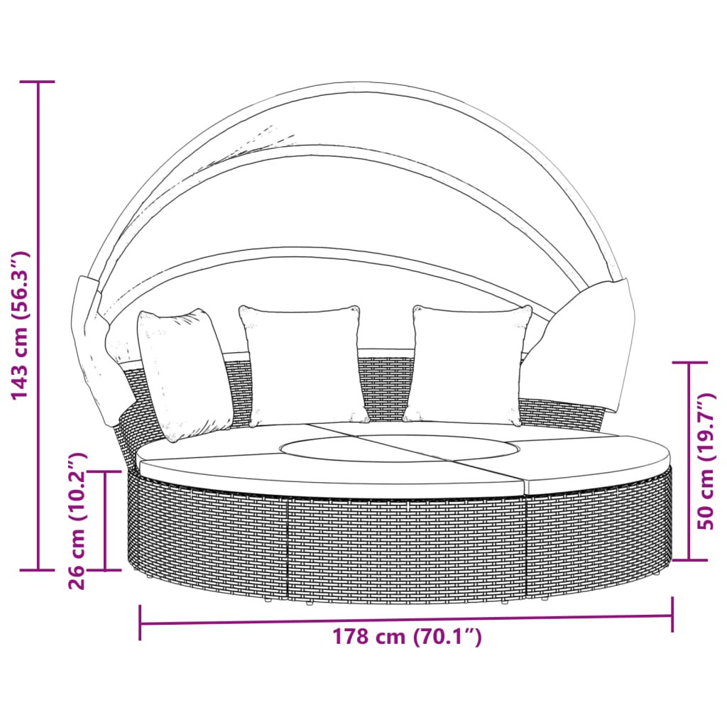 vidaXL Patio Lounge Bed with Canopy and Cushions Brown Poly Rattan