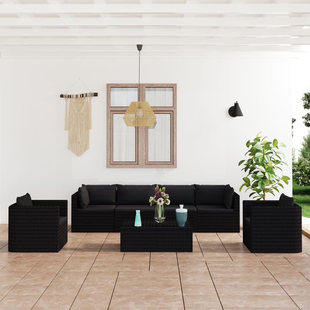 vidaXL 7 Piece Patio Lounge Set with Cushions Poly Rattan Black