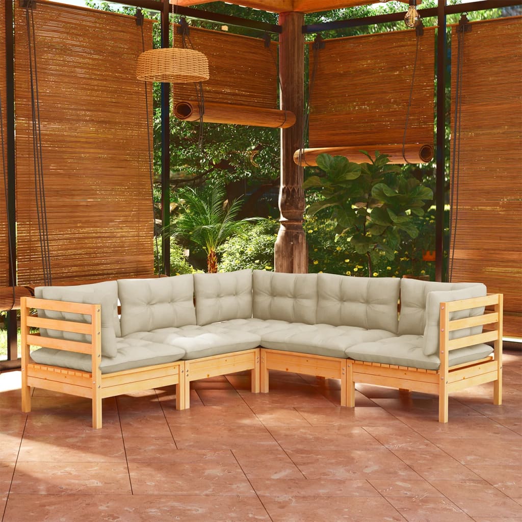 vidaXL 5 Piece Patio Lounge Set with Cream Cushions Solid Pinewood