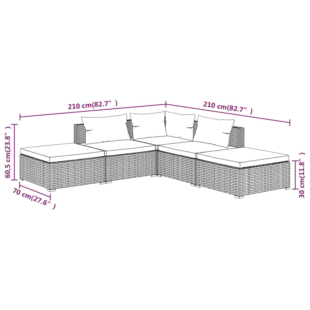 vidaXL 5 Piece Patio Lounge Set with Cushions Poly Rattan Brown