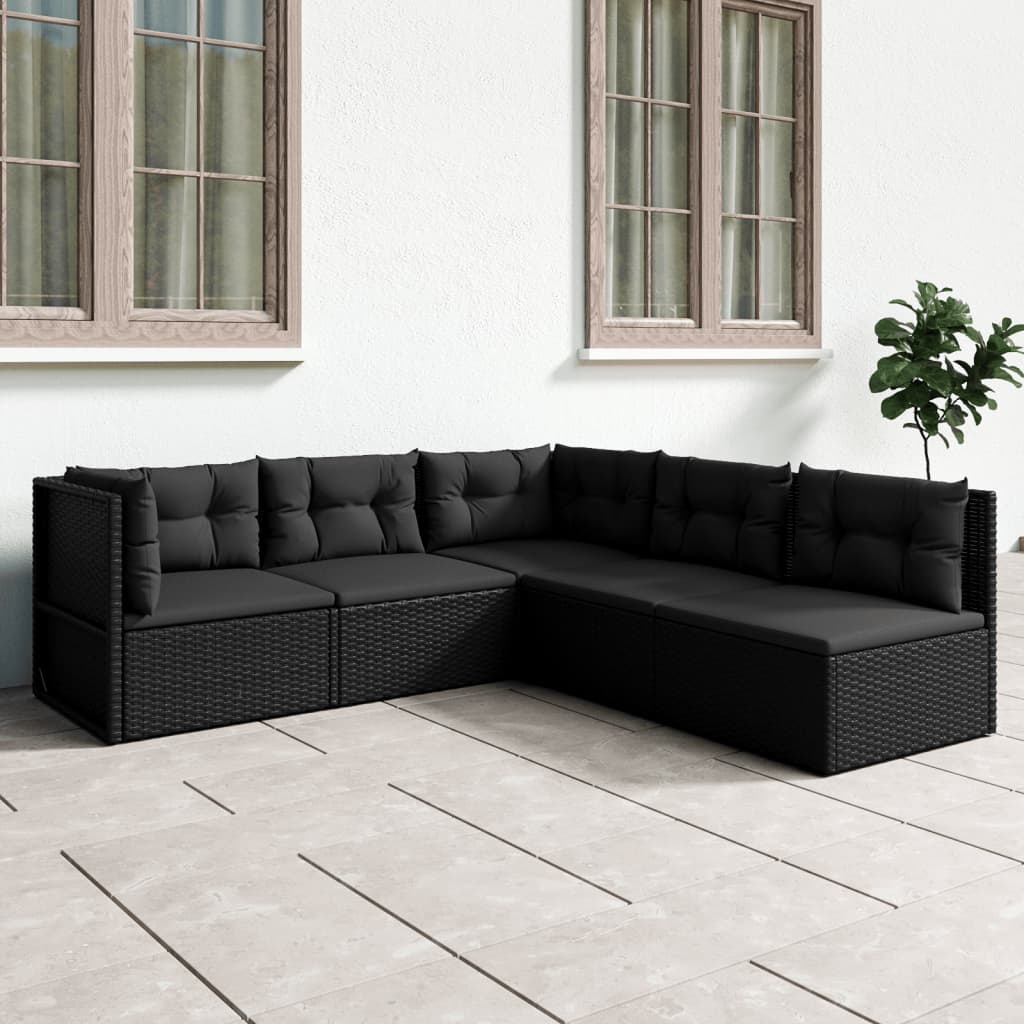 vidaXL 5 Piece Patio Lounge Set with Cushions Black Poly Rattan