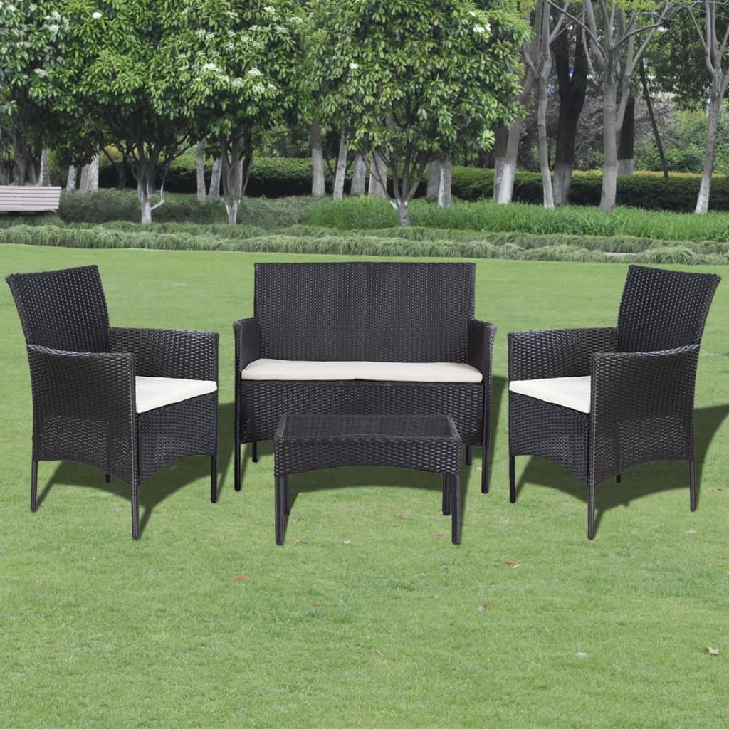 vidaXL 4 Piece Patio lounge Set with Cushions Poly Rattan Black