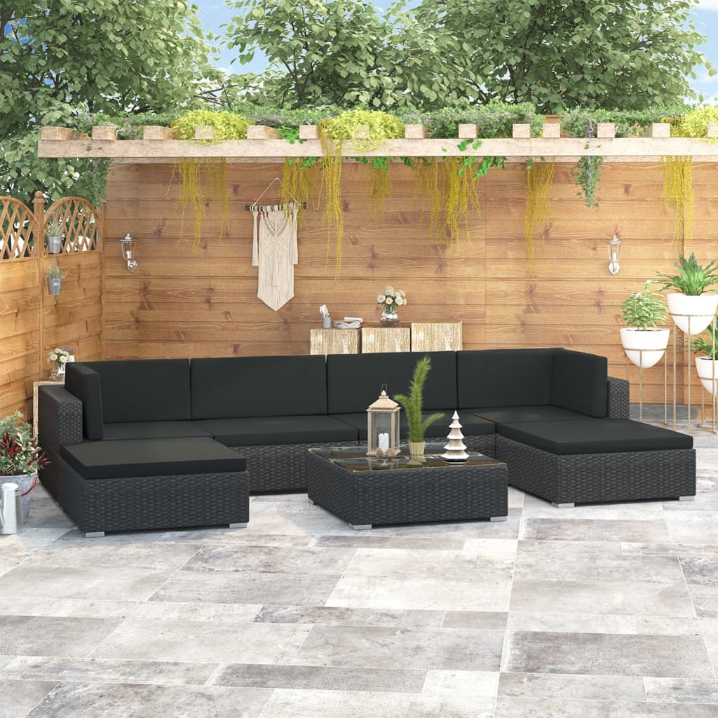 vidaXL 7 Piece Patio Lounge Set with Cushions Poly Rattan Black