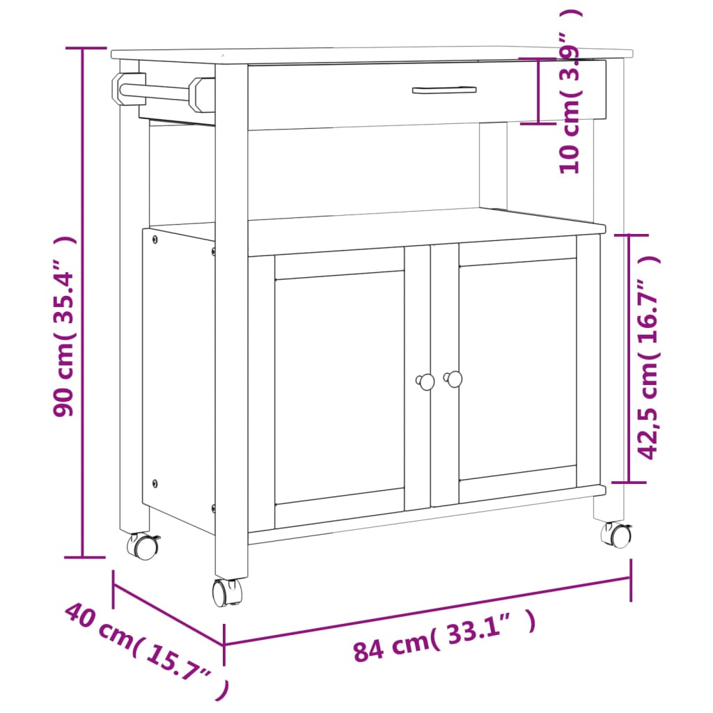 vidaXL Kitchen Trolley MONZA 33.1"x15.7"x35.4" Solid Wood Pine