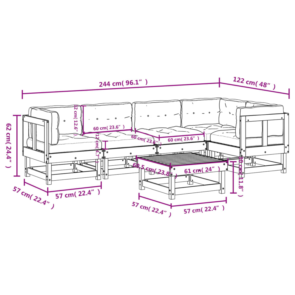 vidaXL 6 Piece Patio Lounge Set with Cushions White Solid Wood