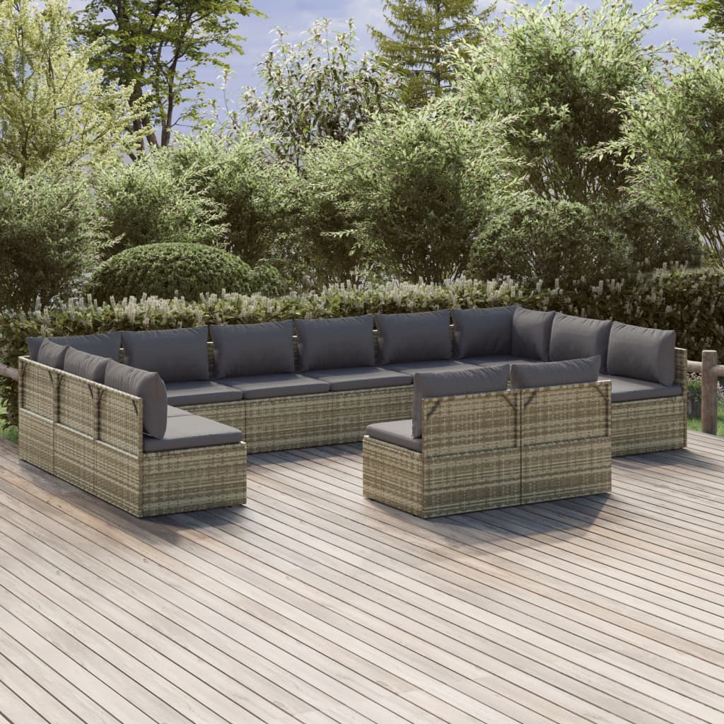 vidaXL 12 Piece Patio Lounge Set with Cushions Gray Poly Rattan