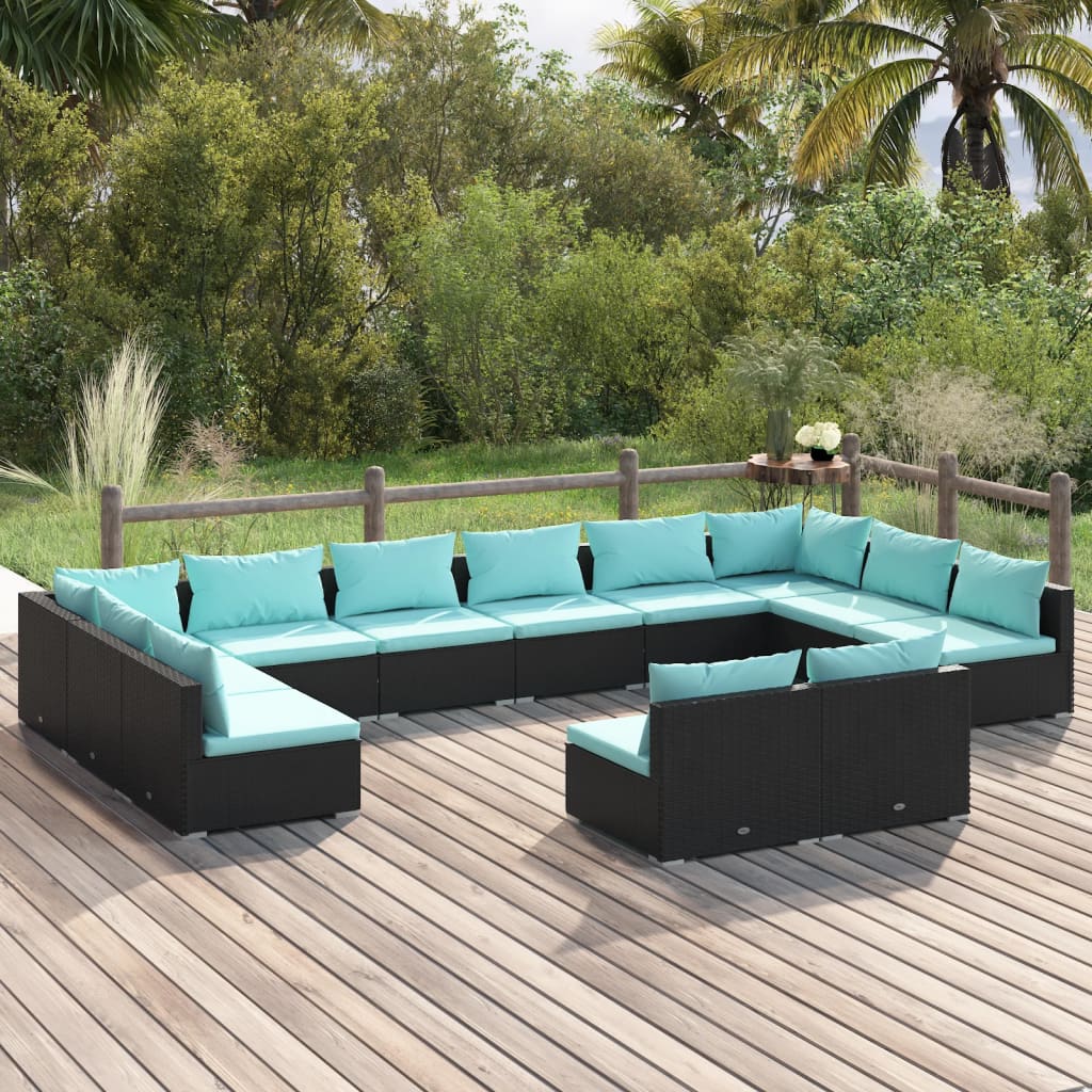 vidaXL 12 Piece Patio Lounge Set with Cushions Black Poly Rattan