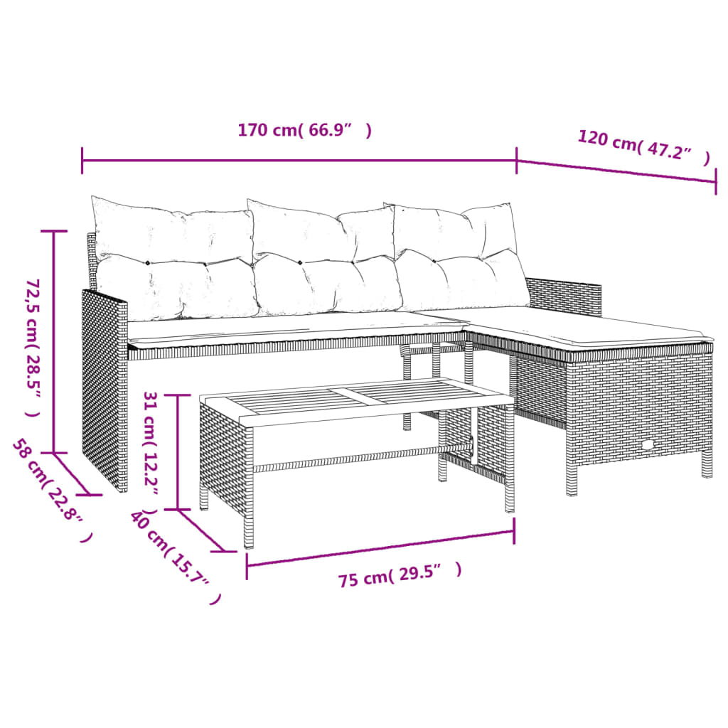 vidaXL Patio Sofa with Table and Cushions L-Shaped Beige Poly Rattan