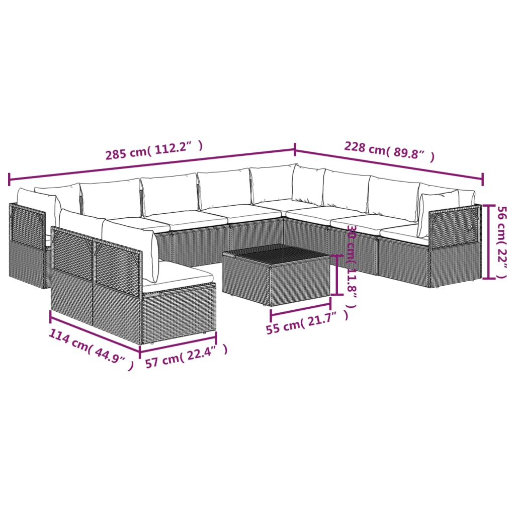 vidaXL 11 Piece Patio Lounge Set with Cushions Gray Poly Rattan