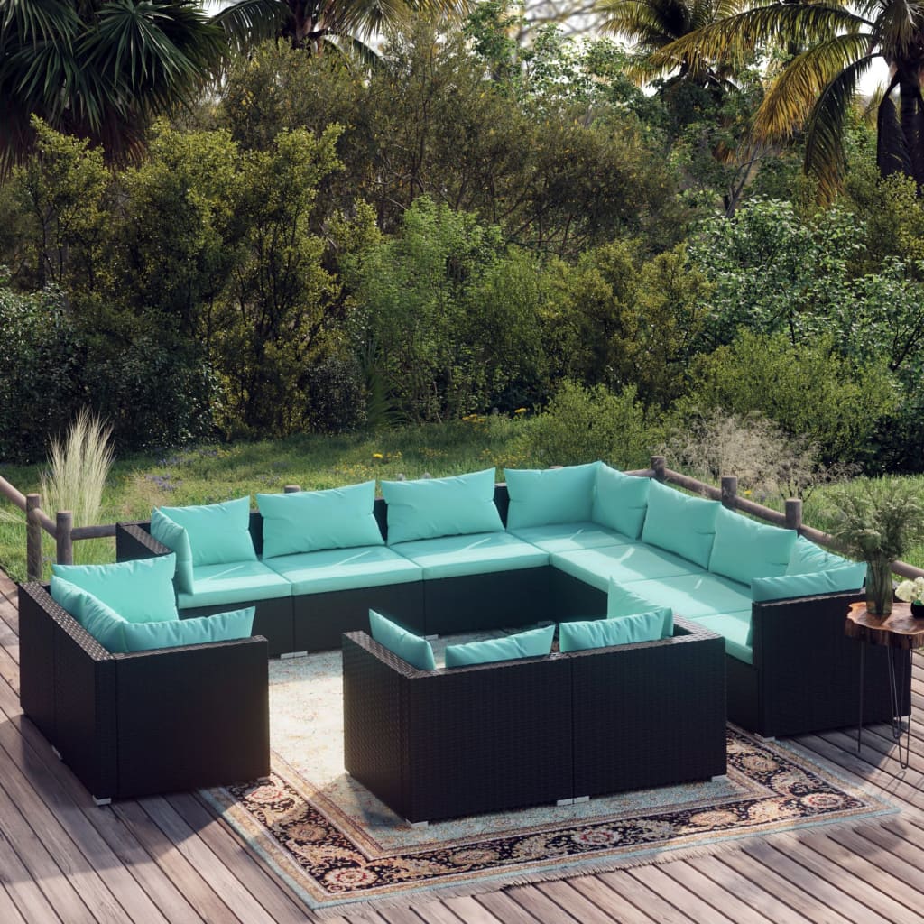 vidaXL 11 Piece Patio Lounge Set with Cushions Black Poly Rattan