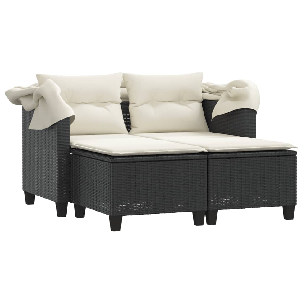 vidaXL Patio Sofa 2-Seater with Canopy and Stools Black Poly Rattan