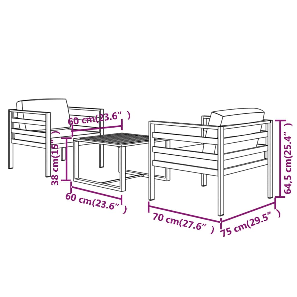 vidaXL 3 Piece Patio Lounge Set with Cushions Aluminum Anthracite