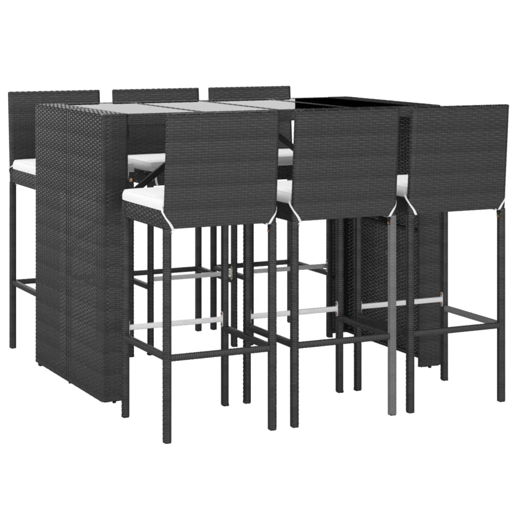 vidaXL 7 Piece Patio Bar Set with Cushions Black Poly Rattan