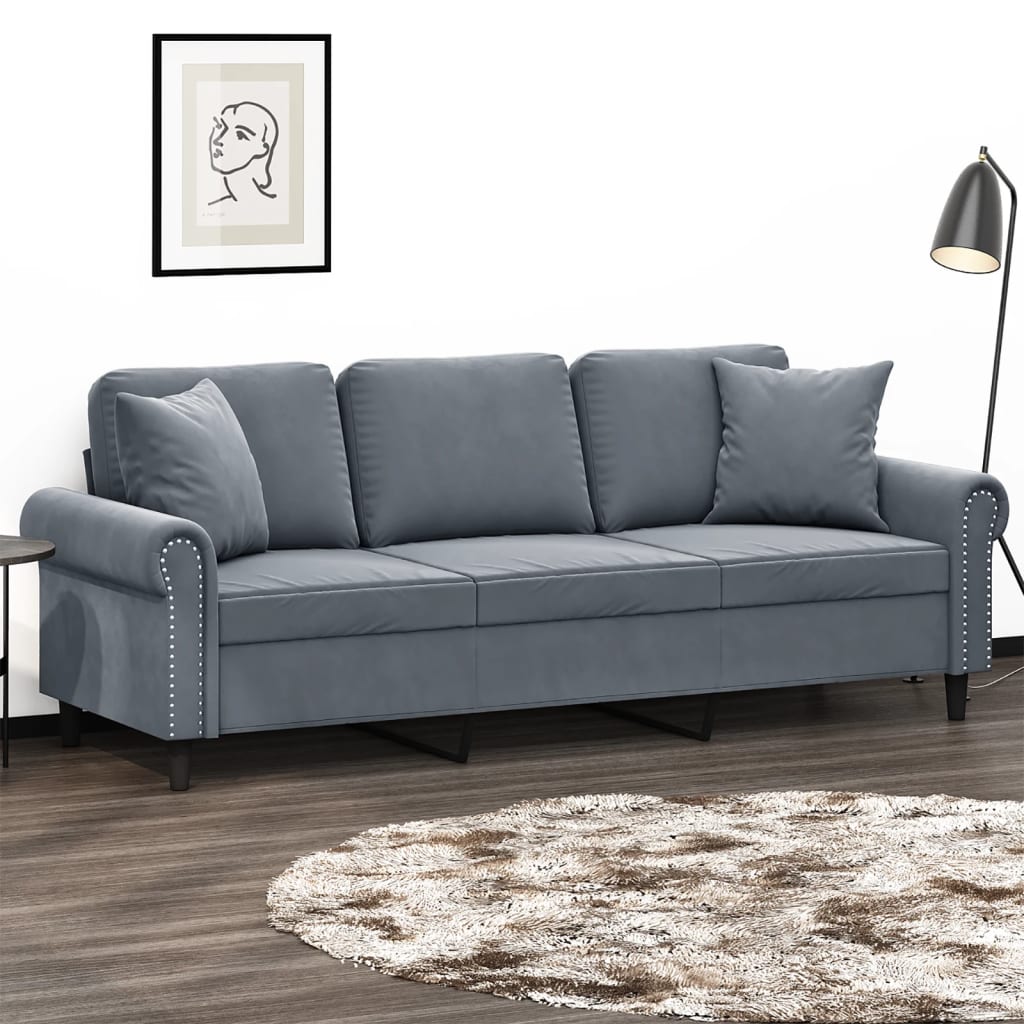 vidaXL 3-Seater Sofa with Throw Pillows Dark Gray 70.9" Velvet