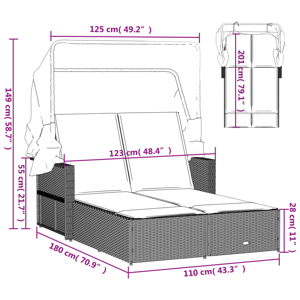 vidaXL Double Sun Lounger with Canopy and Cushions Brown Poly Rattan