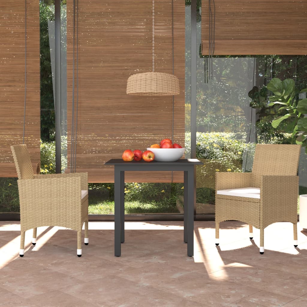 vidaXL 3 Piece Patio Dining Set with Cushions Poly Rattan Beige