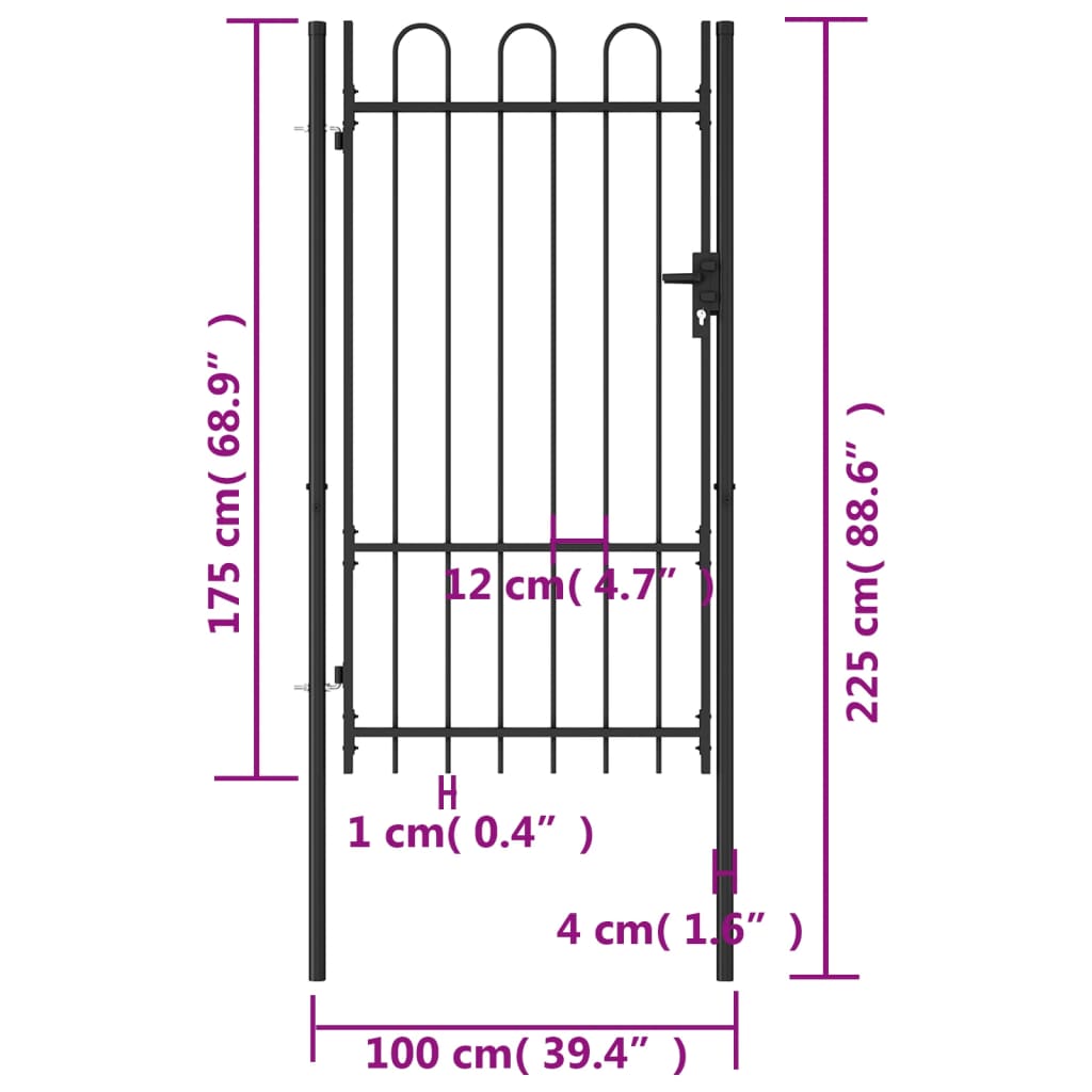 vidaXL Fence Gate Single Door with Arched Top Steel 39.4"x68.9" Black