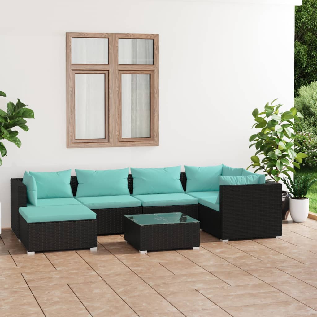 vidaXL 7 Piece Patio Lounge Set with Cushions Poly Rattan Black