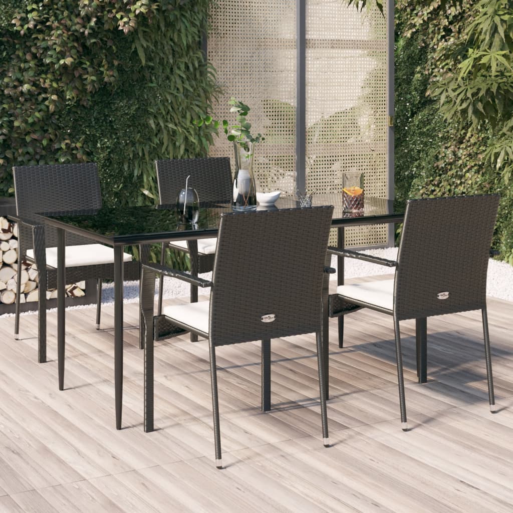 vidaXL 5 Piece Patio Dining Set with Cushions Black Poly Rattan