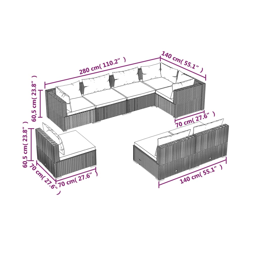 vidaXL 8 Piece Patio Lounge Set with Cushions Poly Rattan Black