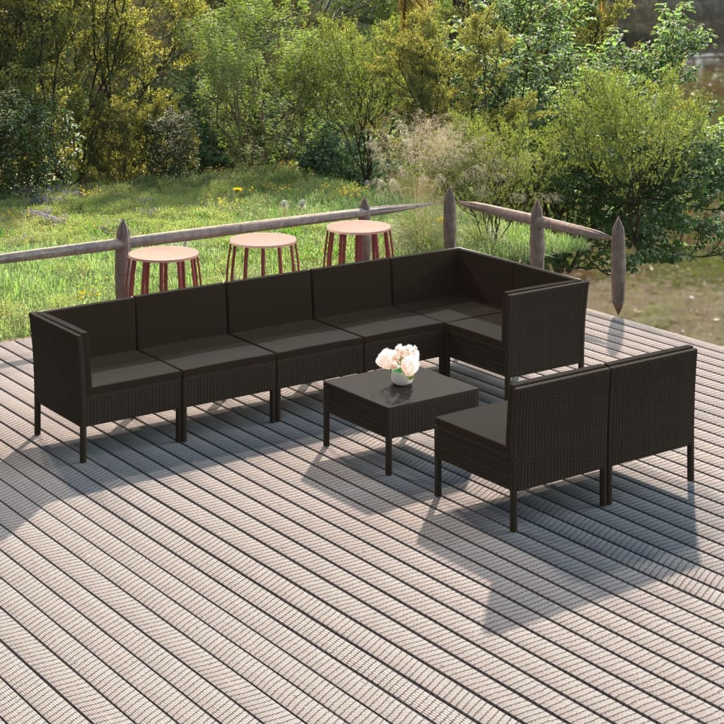 vidaXL 9 Piece Patio Lounge Set with Cushions Poly Rattan Black