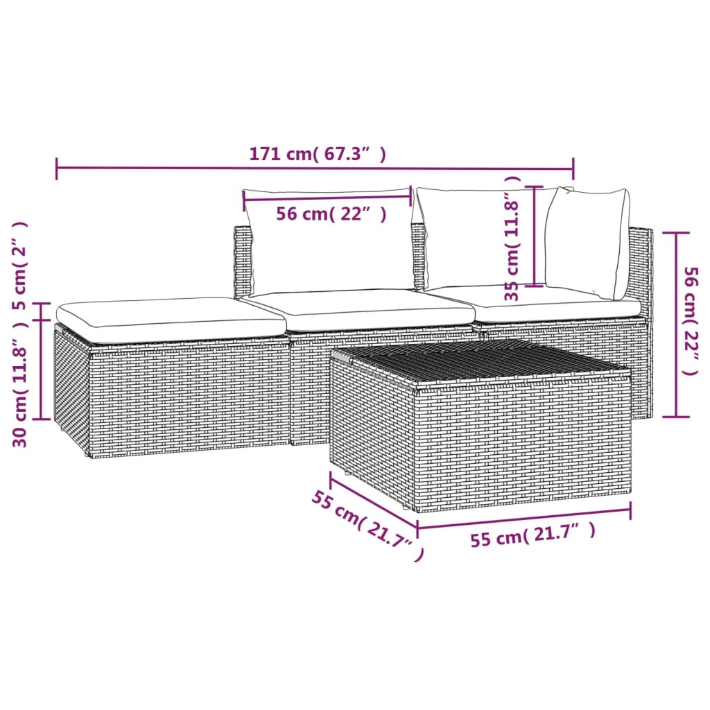 vidaXL 4 Piece Patio Lounge Set with Cushions Gray Poly Rattan