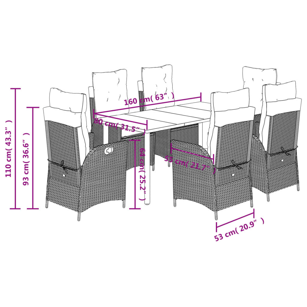 vidaXL 7 Piece Patio Dining Set with Cushions Gray Poly Rattan