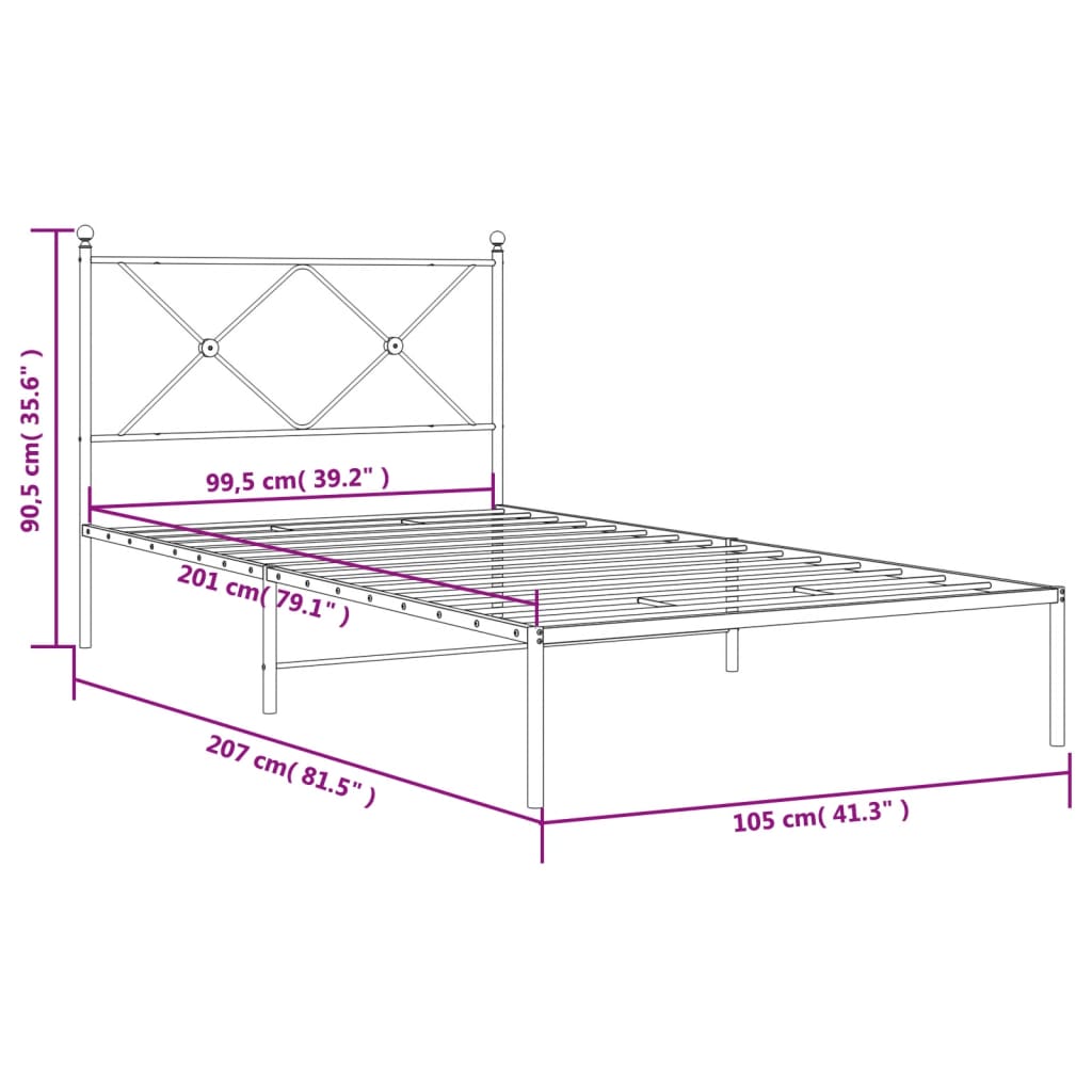 vidaXL Metal Bed Frame without Mattress with Headboard White 39.4"x78.7"