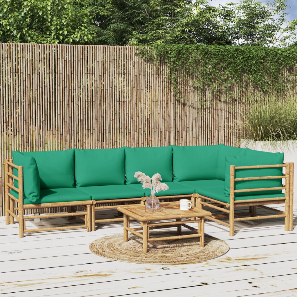 vidaXL 6 Piece Patio Lounge Set with Green Cushions Bamboo